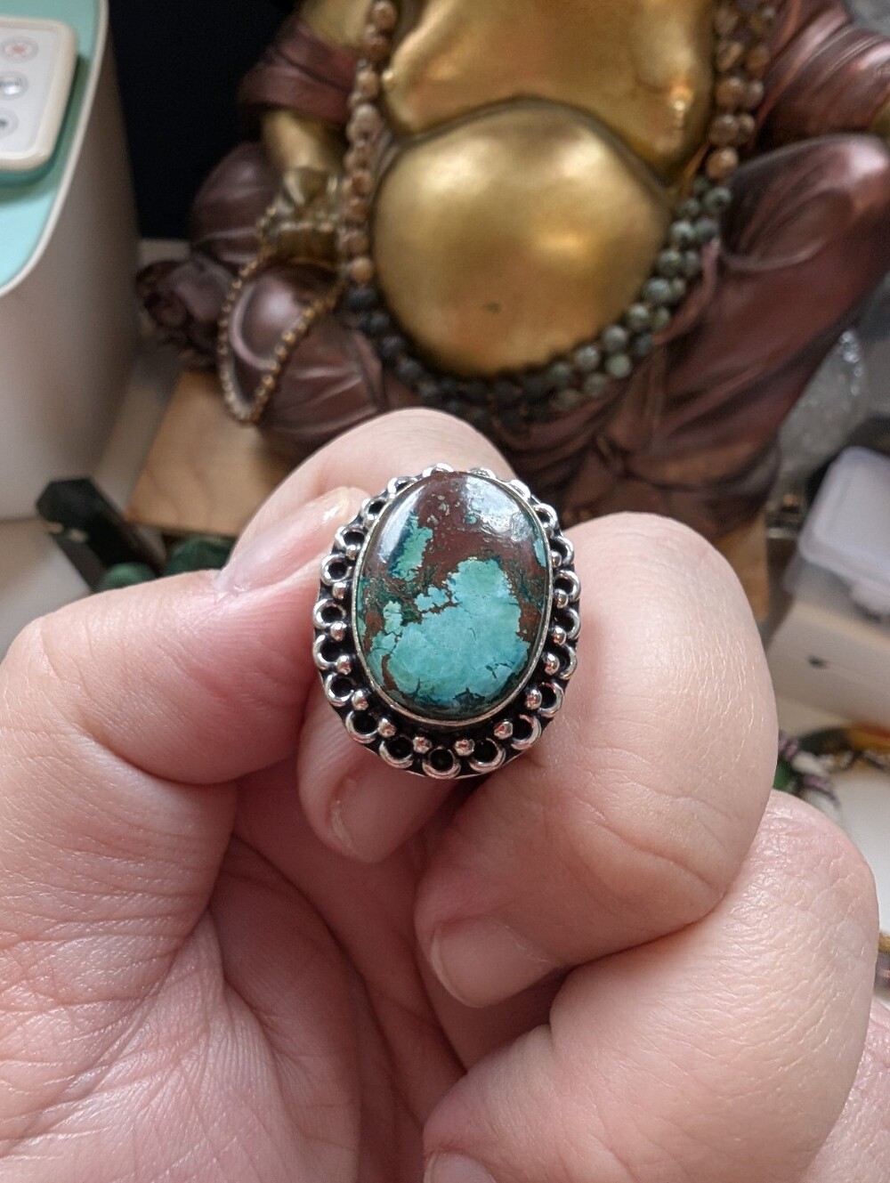 Vintage Style Turquoise Oval Stone Sterling Silver Ring Size 7.75